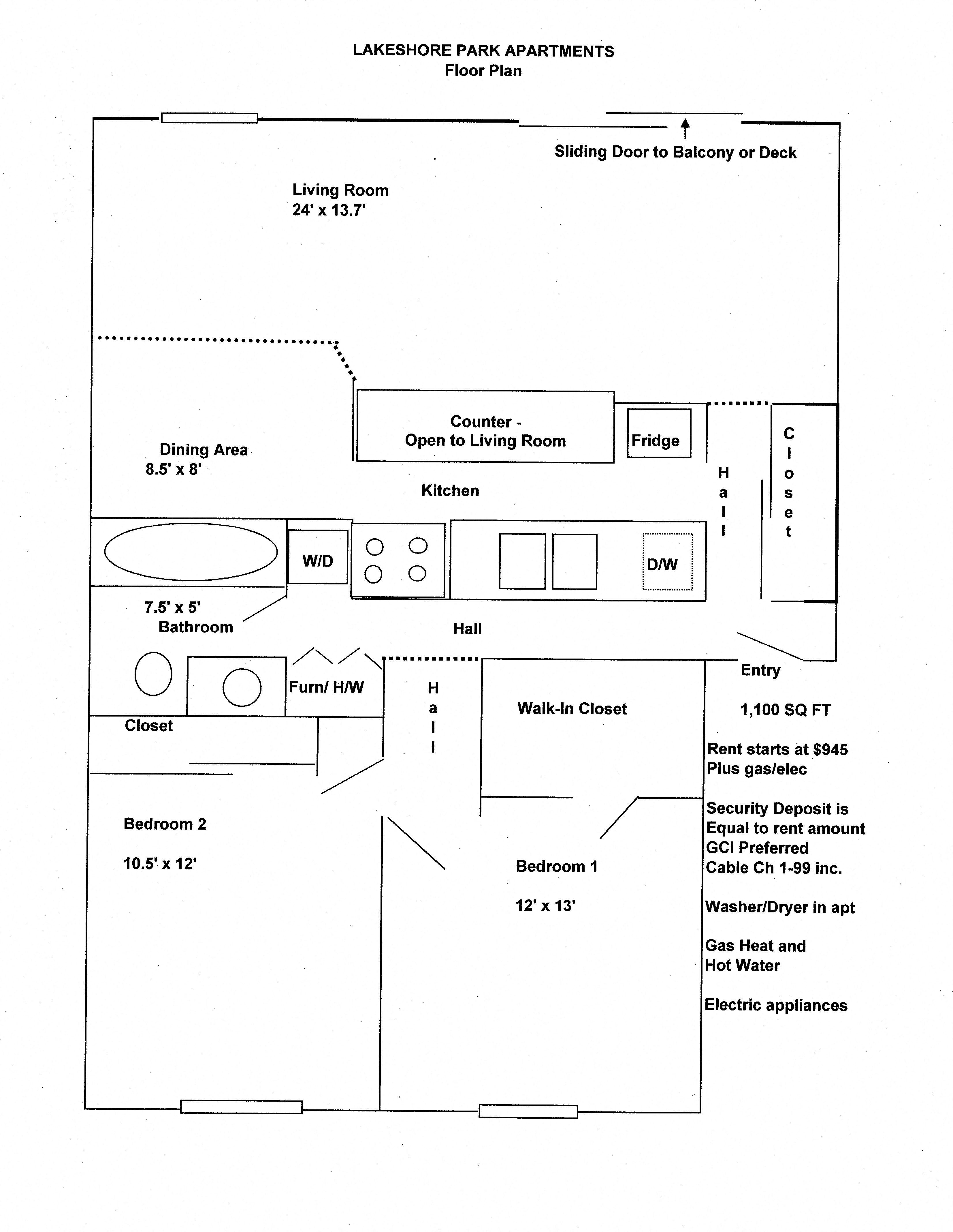 Floor plan for 2 beds, 1 bath, 1100 sqft
